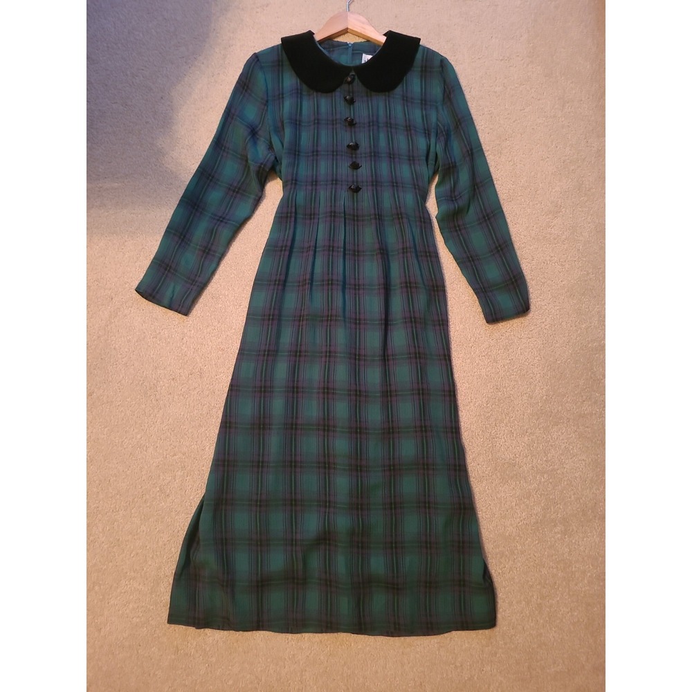 JBS Vintage Women Green‎ Purple Rayon Plaid Dress 10 A-Line Flower Button Front